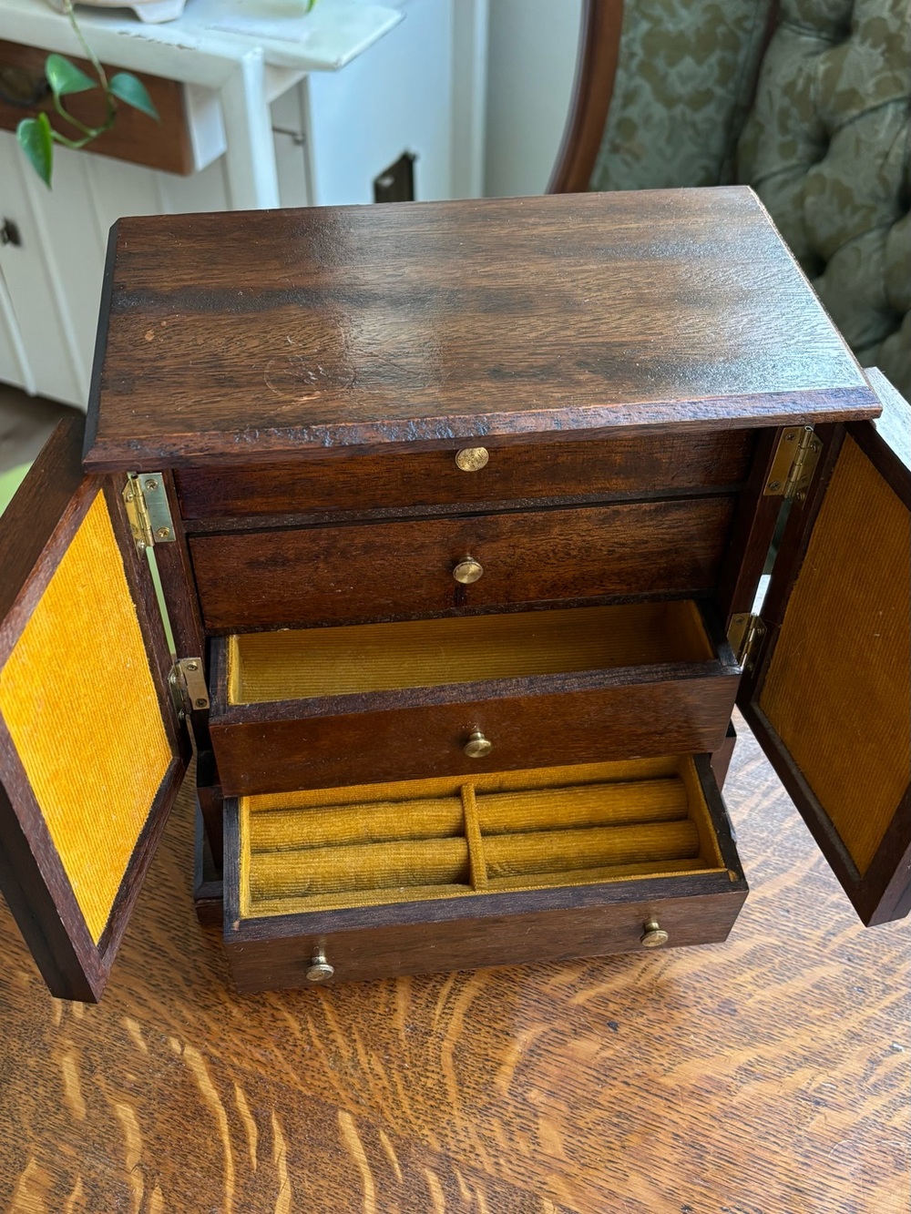 Wood Jewelry Box with Yellow Lined Interior